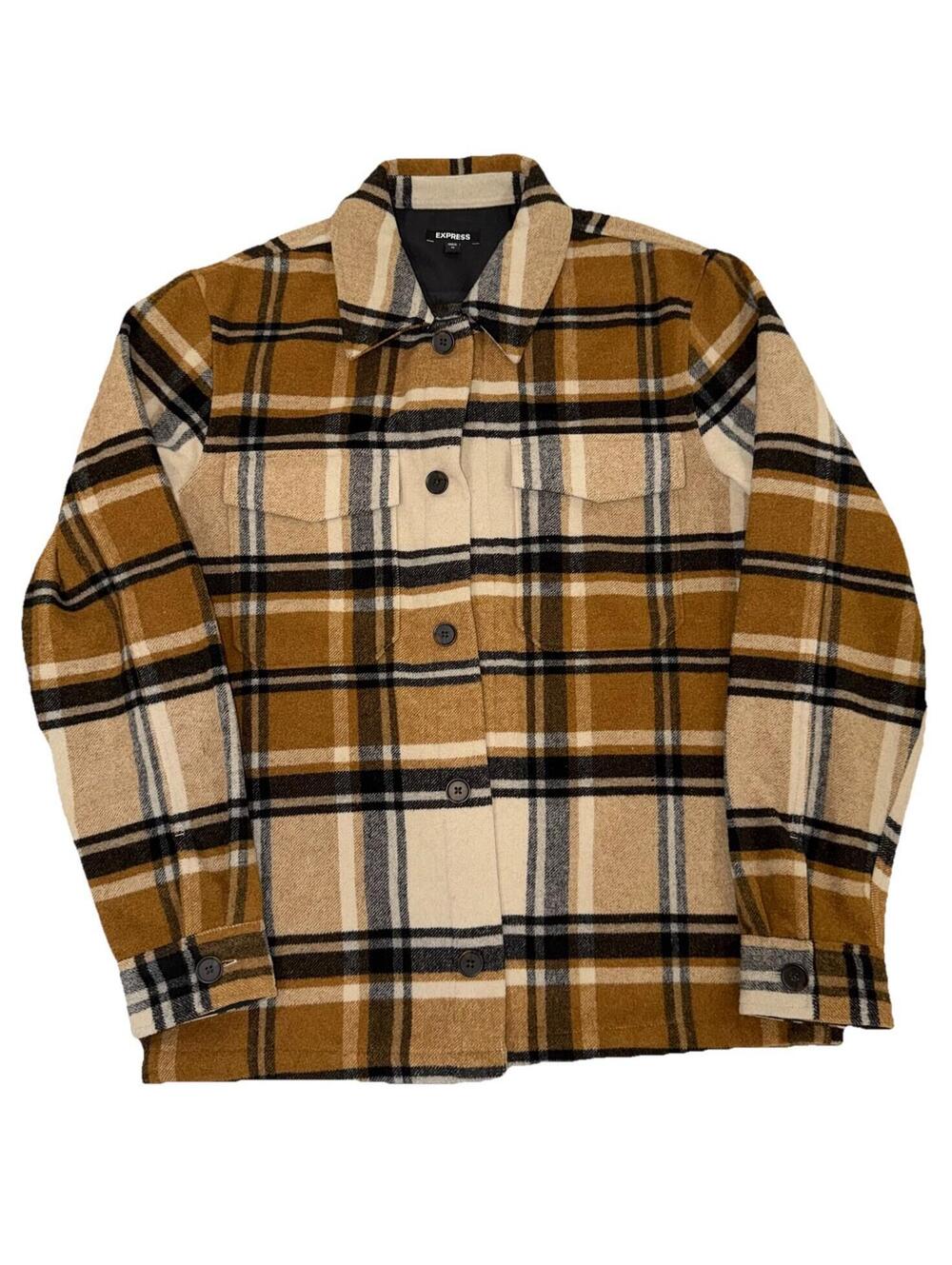 Size Medium EXPRESS Plaid Button Front Shacket Jacket Brown Beige Black White